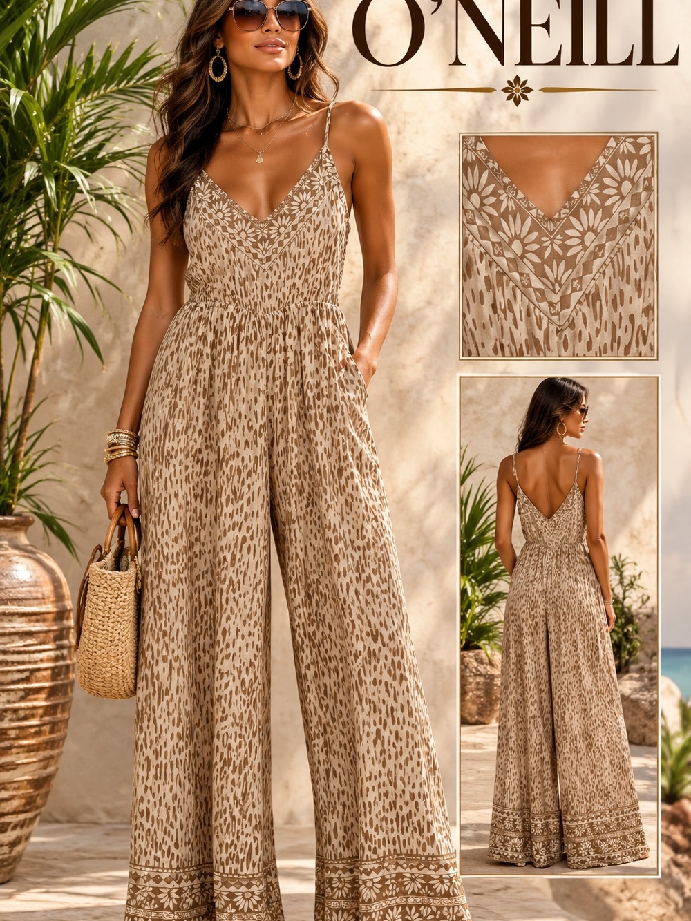 O'Neill Beige Floral-Trim Printed Wide-Leg Jumpsuit
